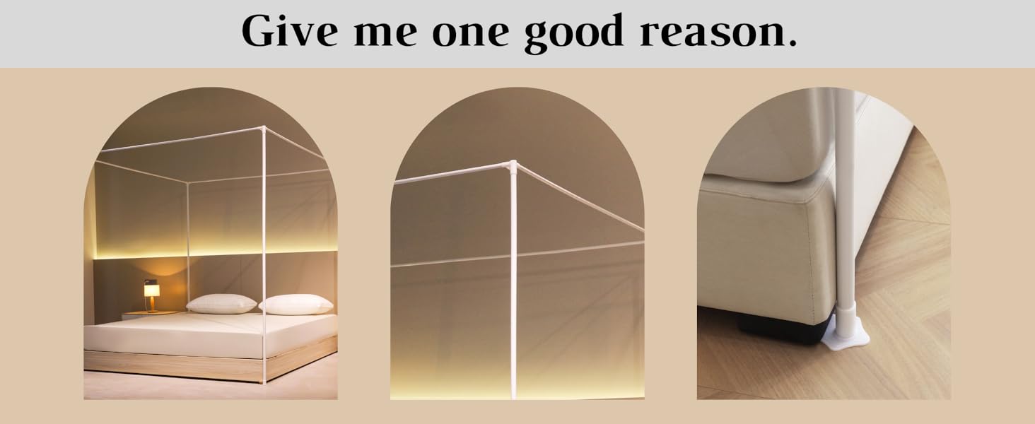 Queen Bed Frame - White Bed with Four Poster Frame, Net and Bed Curtains for Indoor or Play Tent