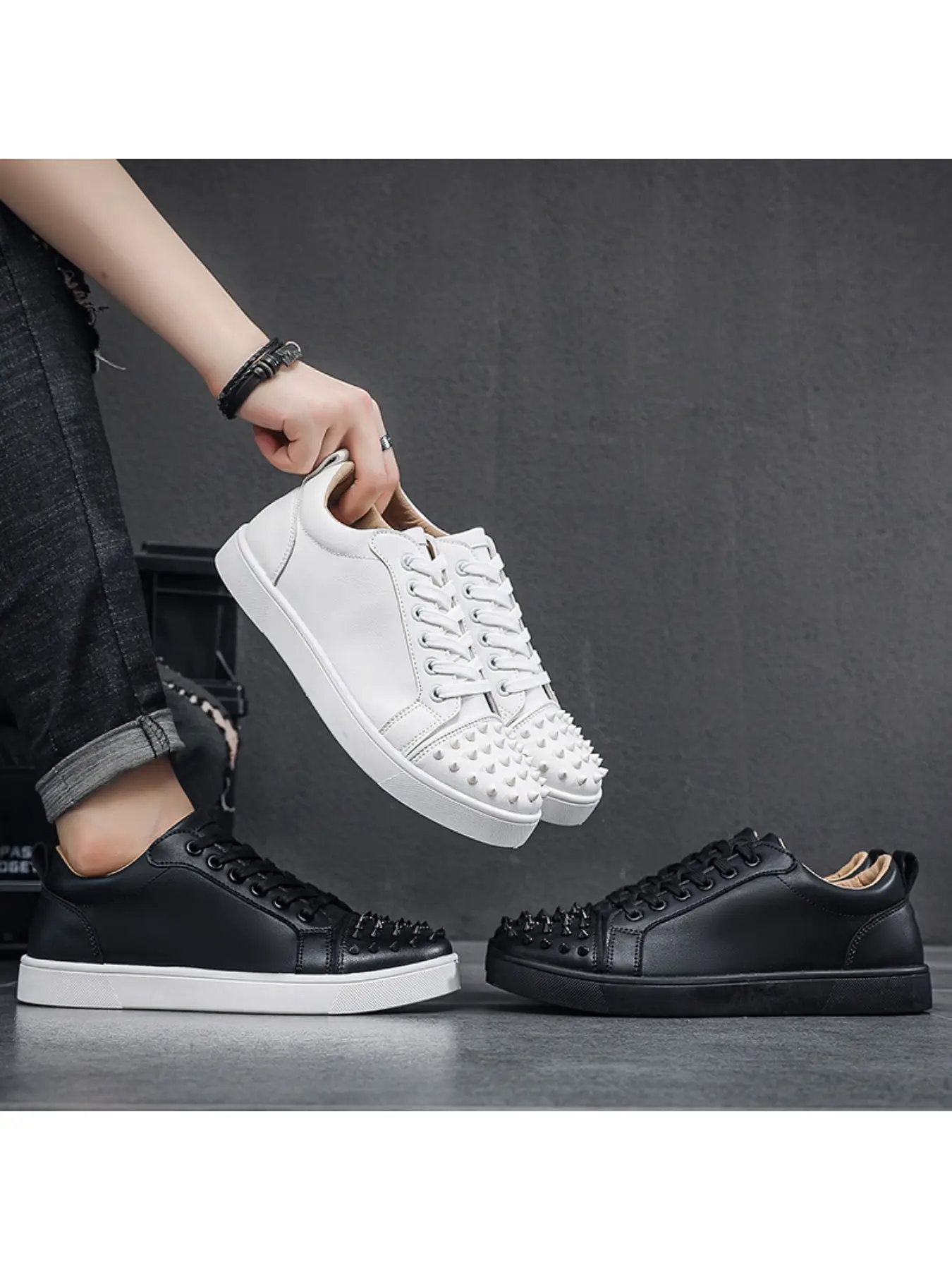 Men 's rivet shoes, leather low-top white shoes, street punk casual flat shoes Footwear