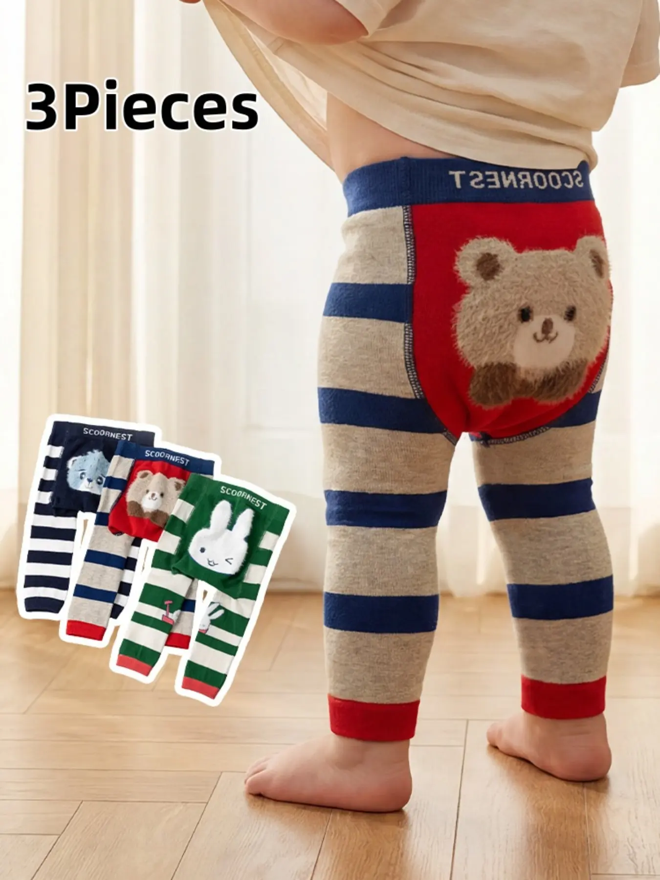 3-Pack Baby Spring Fall Striped Cartoon Animal Letter Pants, Cute Big Butt Pants for Kindergarten, Unisex Baby Socks Pants for 0-3 Years Baby Clothing