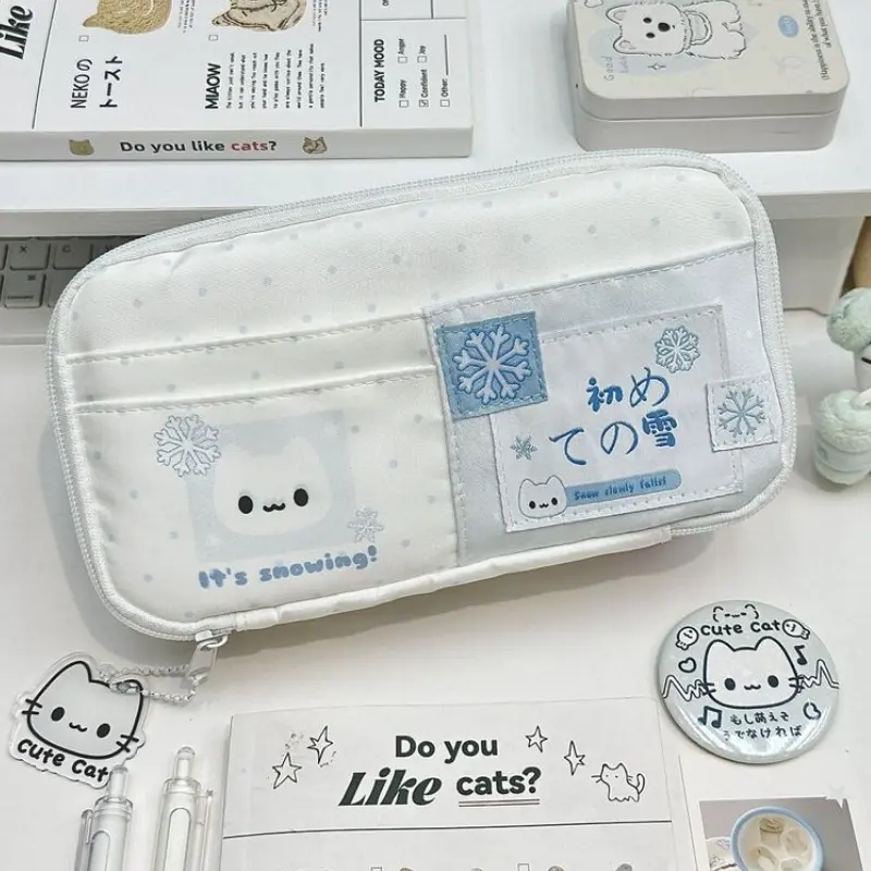Kawaii Korean Cat Pencil Pouch = Aesthetic Canvas Stationery Organizer with Snowflake Patches & Japanese Phrases, Cute School Supply, Classroom Supplies for Teens