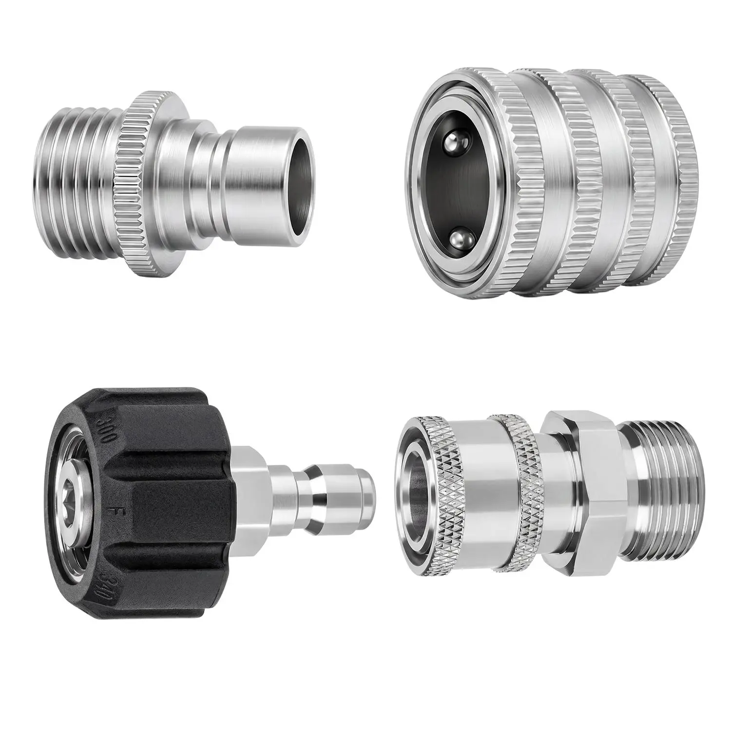 4-Piece Pressure Washer Adapter Set, Stainless Steel Universal Adapter Quick Disconnect Kit, M22 14mm Quick Connect Swivel to 3/8'' Quick Connect, 3/4'' to Quick Release