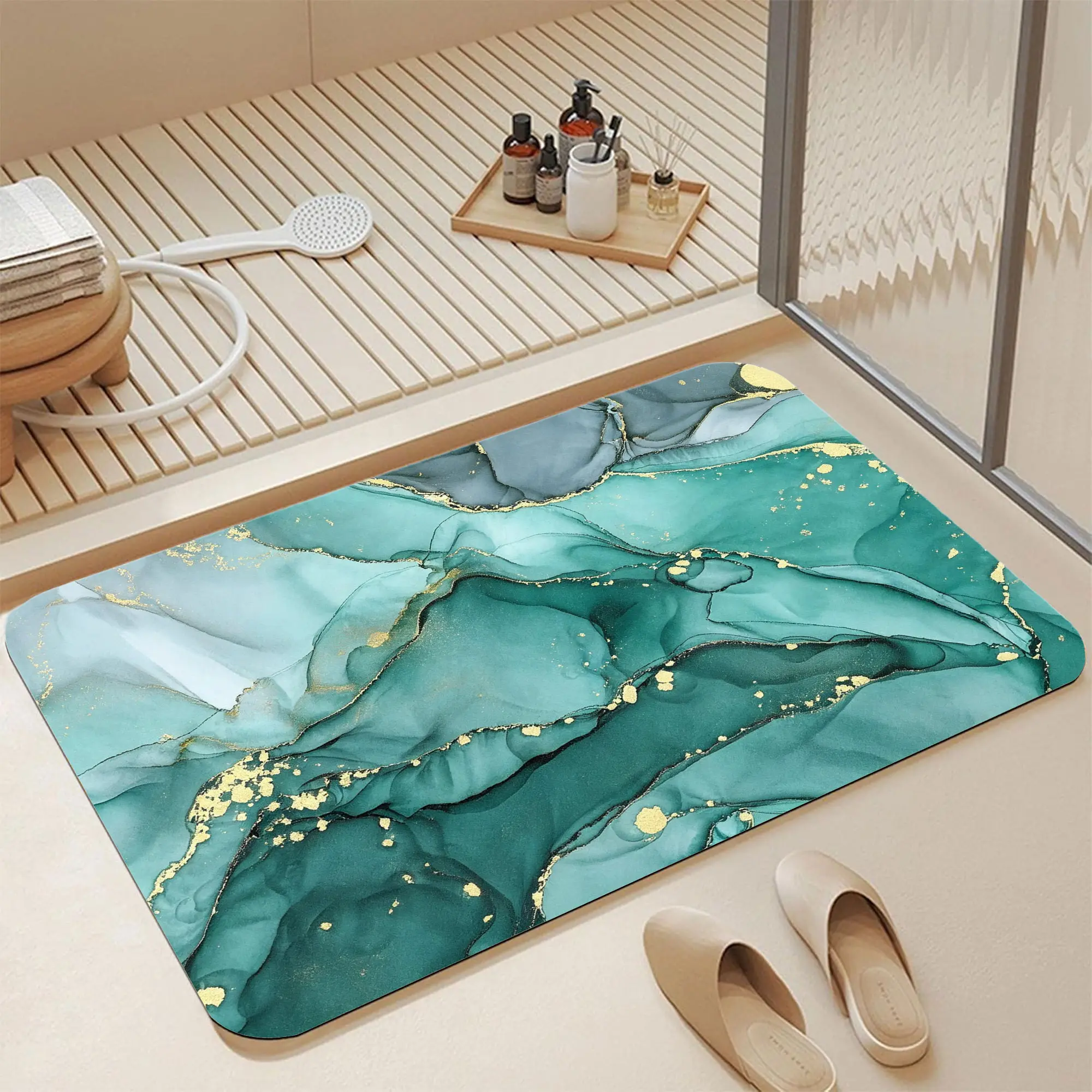 Teal Green Gold Flux Alcohol Ink Diatomaceous Earth Bath Mat, Non Slip Quick Dry Machine Washable, Luxury Glam Marble Abstract Bathroom Shower Decor Mat