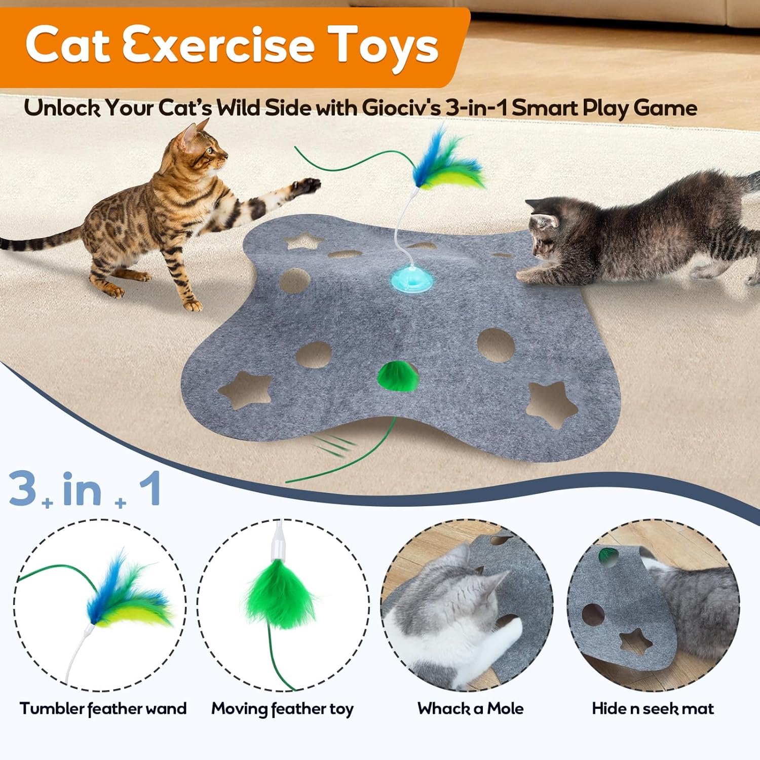 Interactive  Toys for Indoor Cats Exercise Toys Spin  Wand Tumbler Base,  Activate Mode Peek-A-Boo Felt Cover  Rechargeable
