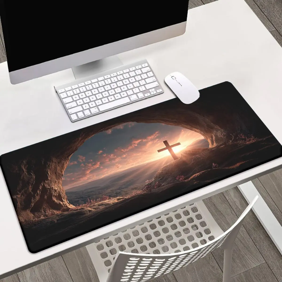 Gaming Mousepad with Dark Cross Mountain Landscape Dark Theme, Anti-Slip Grip Non-Slip Rubber Base, Indoor Desk Accessory for Computers, Laptops, Office Desks