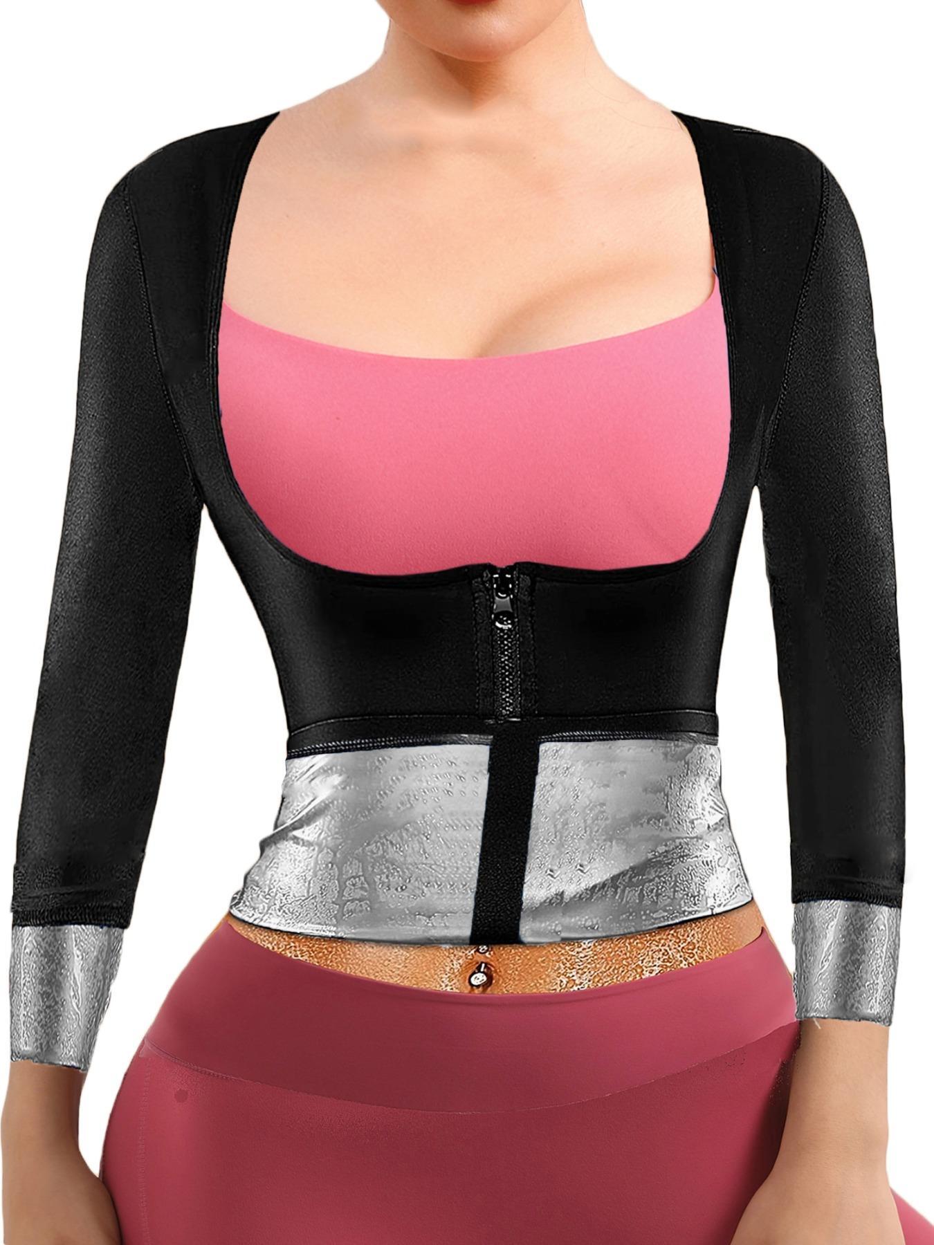 Women's Solid Long Sleeve Zip Up Sauna Top, Open Bust Tummy Control Sports Shapewear Top, Workout Gym Exercise Clothing, Women's Workout Clothes