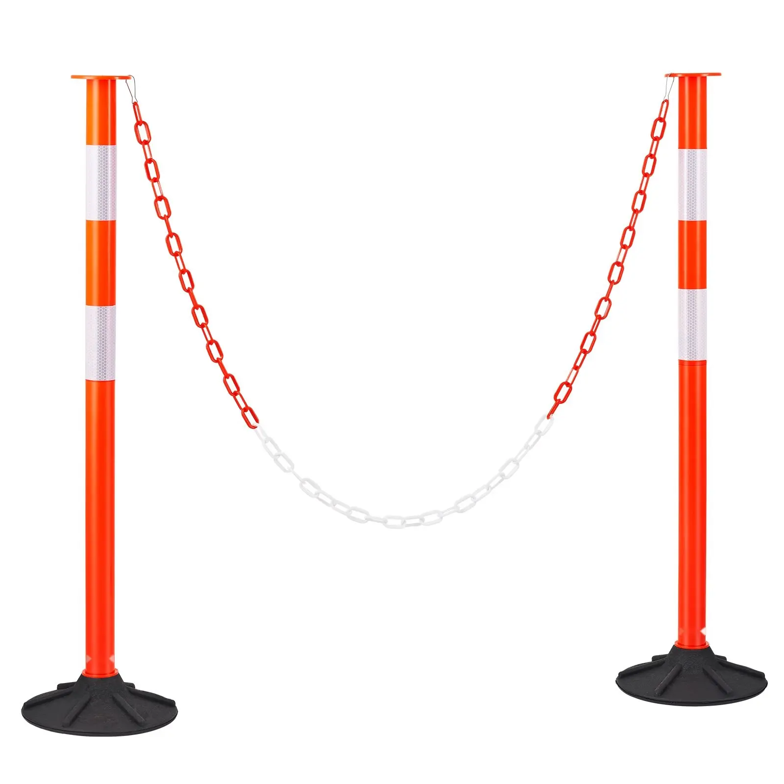 2-Pack 34-Inch Traffic Delineator Posts With Safety Cones, Weighted Base And Chains, Outdoor Temporary Roadside Barriers, Construction Site Stanchions, High-Visibility Reflective Caps For Event And Traffic Control