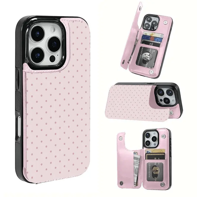 Minimalist Pink Polka Dot Card Holder, This phone case features a card slot function, can store bank cards, transit cards and other cards, suitable for iPhone 17/16/15/14/13/12 Pro ProMax Plus  Air series, and makes a great gift for girls.