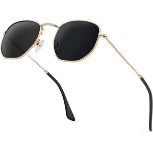Sunglasses for Women and Men, Polarized Square UV Protection, Trendy Metal Frame Hexagon Sunglasses