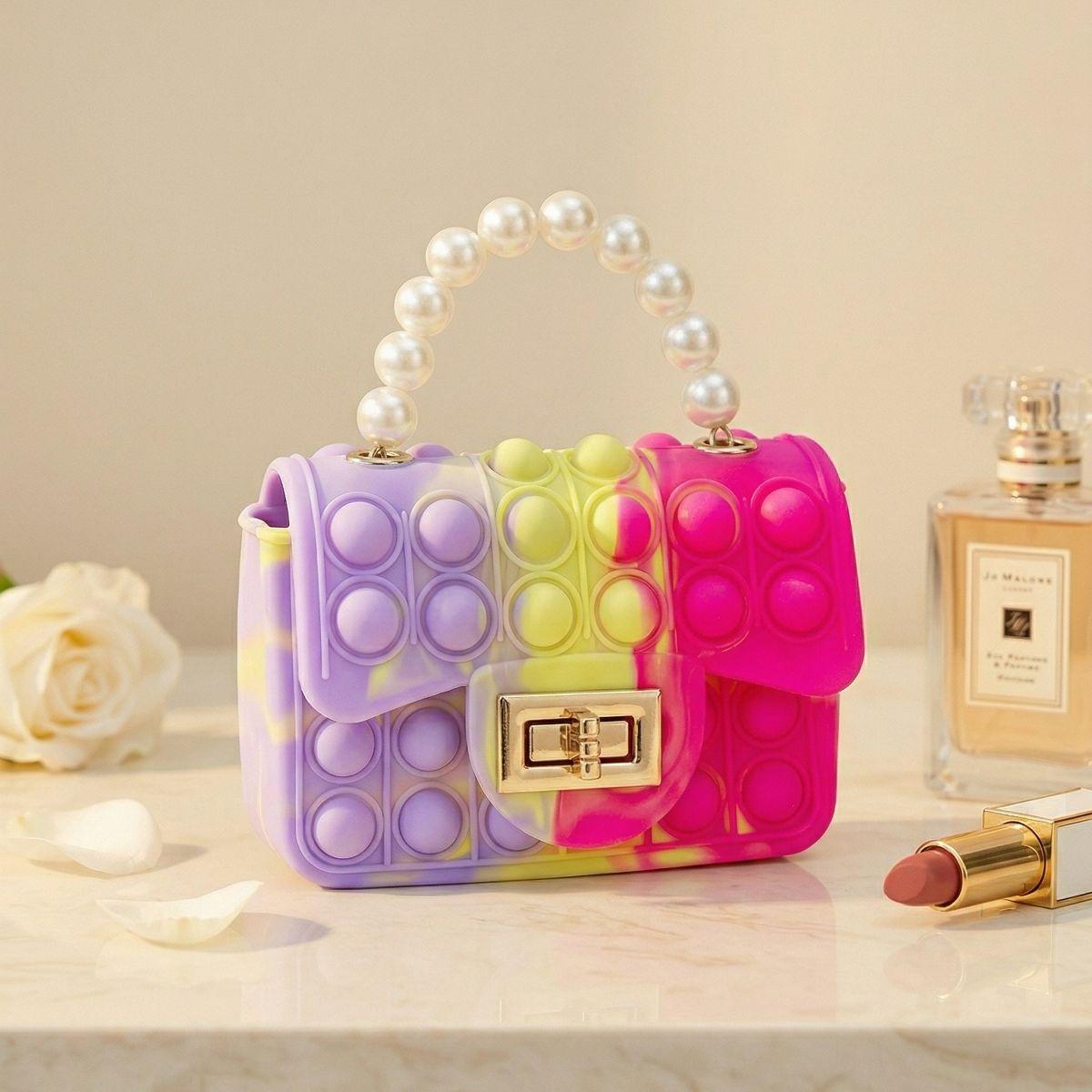 Women's Stylish Pop Bag Silicone Shoulder Bag with Pearl Handle, Chain and Mini Coin Purse for Daily Travel