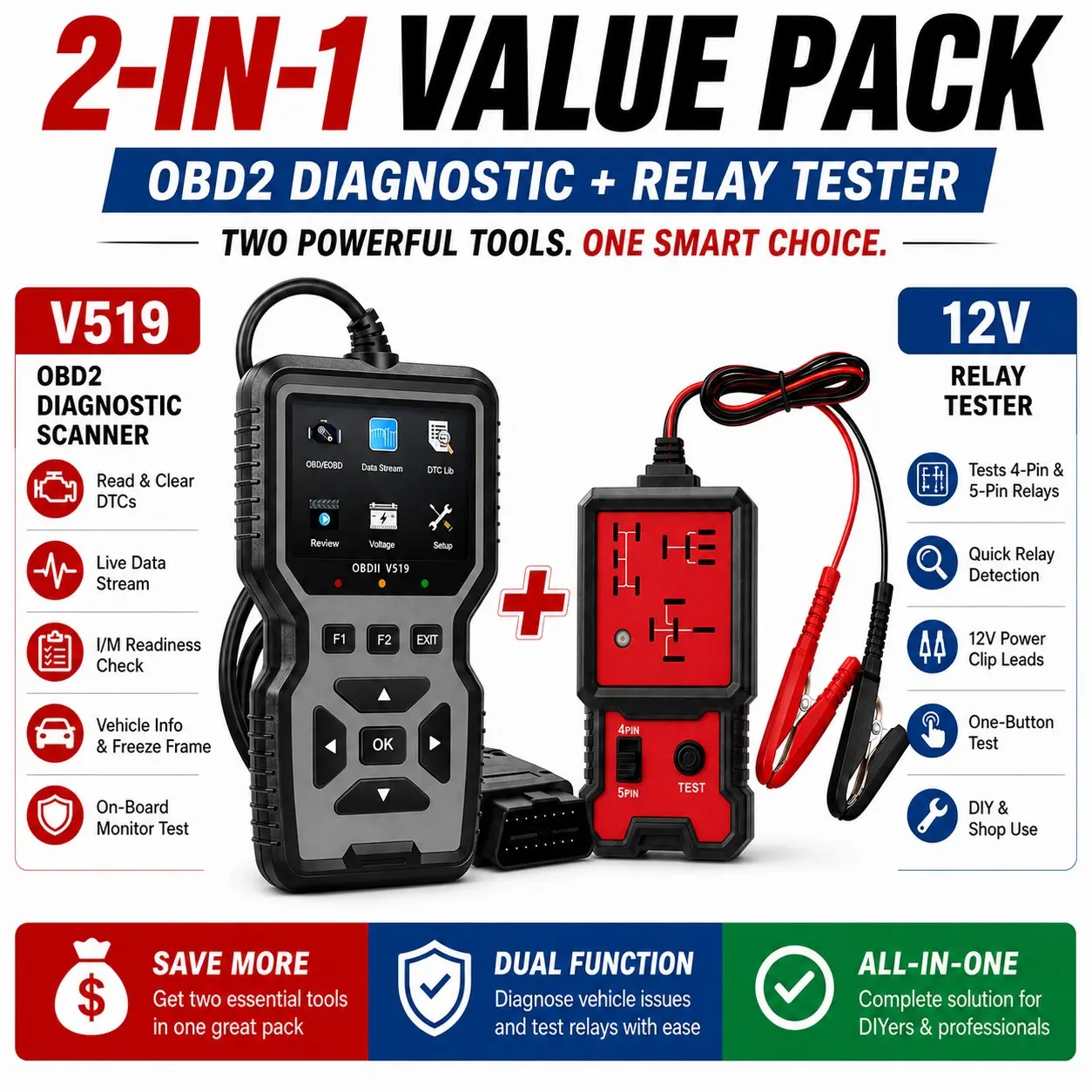 2-In-1 Automotive Diagnostic Tool Bundle, Obd2 Scanner with Relay Tester, Read Clear Fault Codes, Live Data, Battery Check, 12V Vehicles