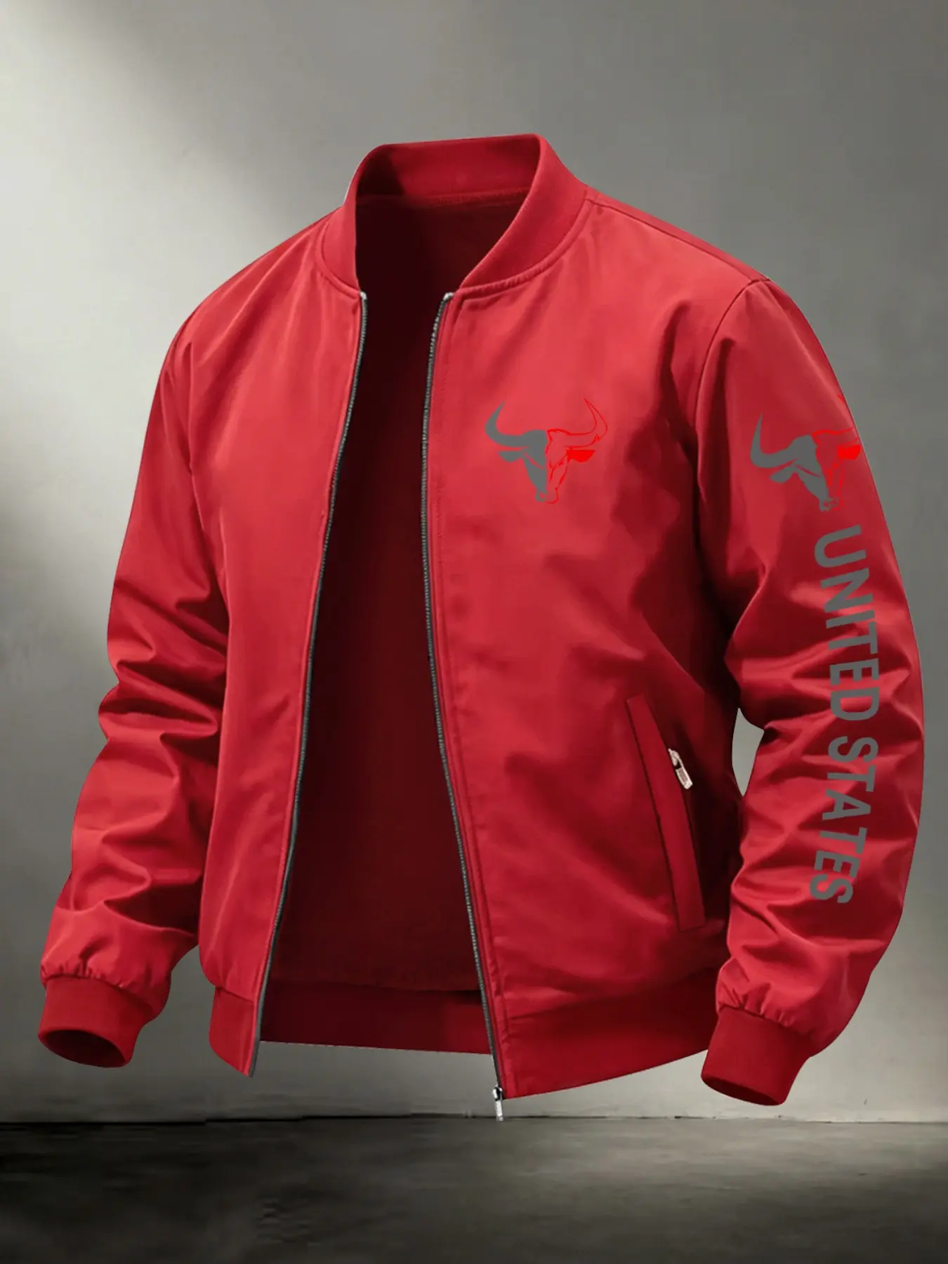 Men's Casual Stand Collar Shacket Jacket, Letter Bull Pattern Print, Business Style Outdoor Sports Coat, Zipper Design Men's Outerwear