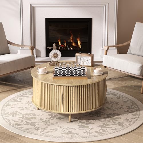 Round Fluted Coffee Table with Hidden Storage, Lift-Top Design & Side Open Shelf, Two-Layer Natural Wood Tabletop with Sliding Cabinet Doors, Sturdy Solid Wood Legs & Soft-Close Hinges, Ideal for Living Rooms & Small Spaces