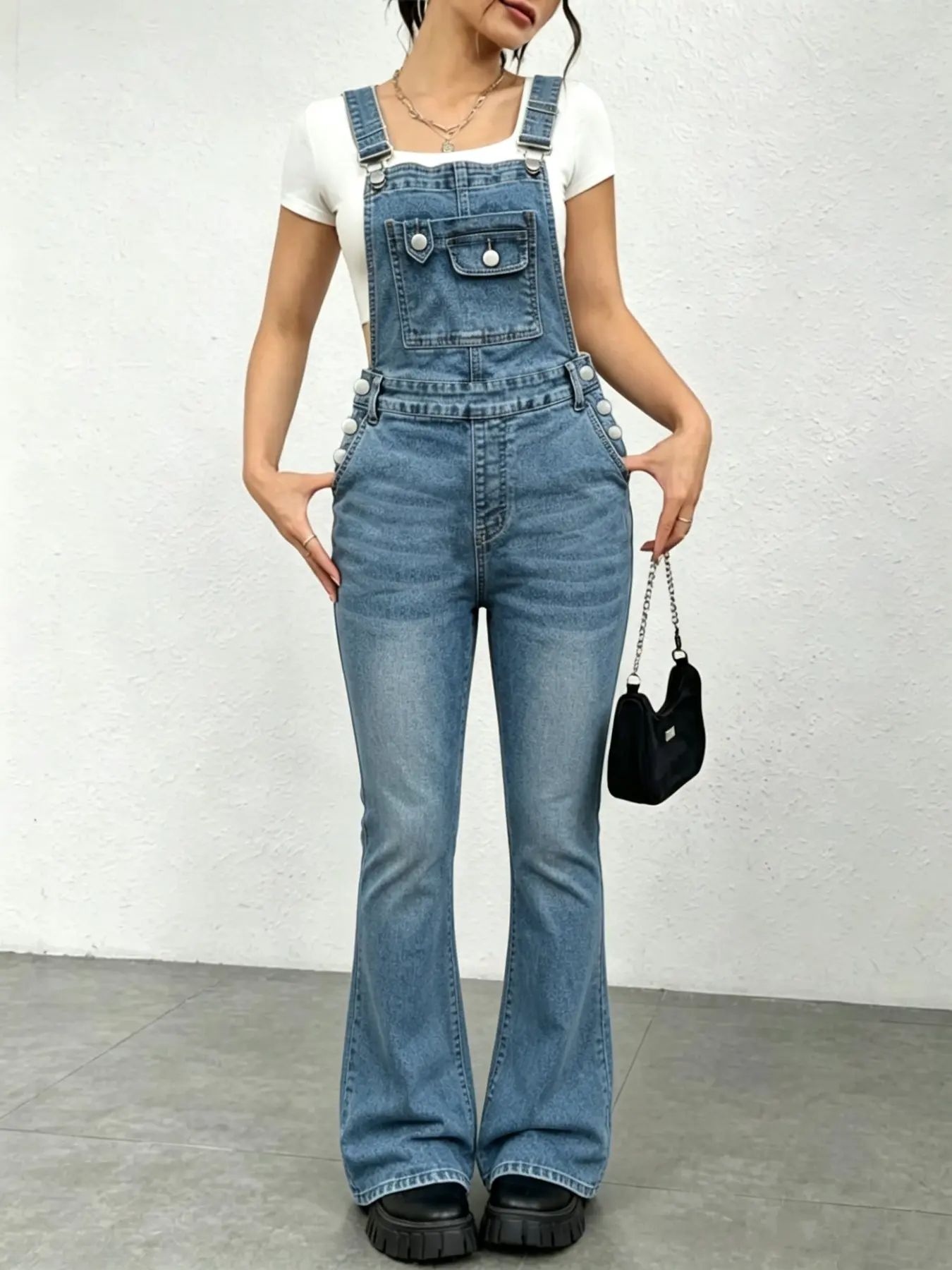 Vintage Faded Denim Overall Pants, Women's Loose Wide Leg Workwear Overalls with Practical Pockets, Comfortable Elastic Casual Jumpsuit