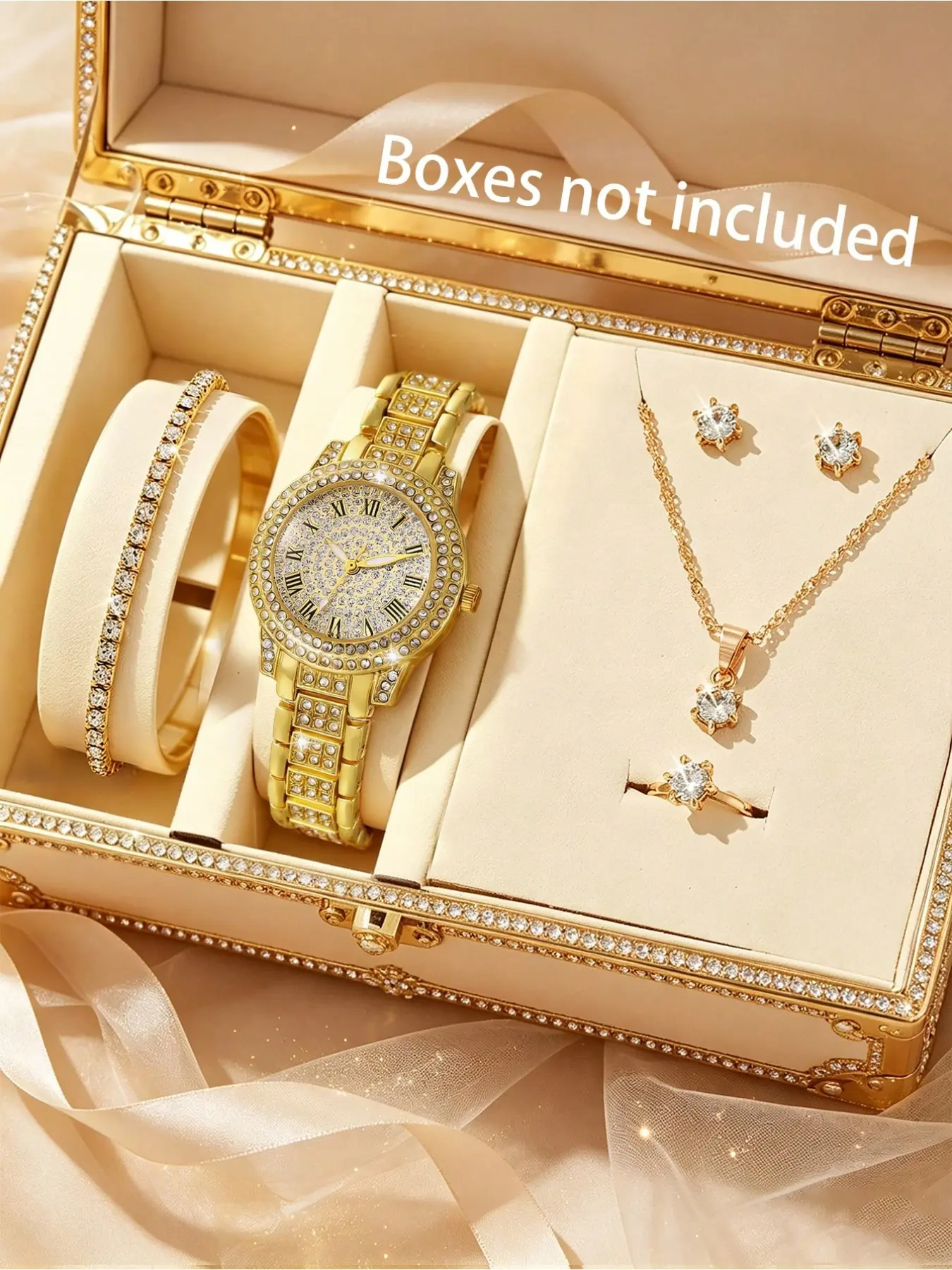 One Teen Quartz Watch With Zinc Alloy Strap Paired With A 5-Piece Elegant Rhinestone Accessory Set, Ideal For Daily Casual Looks And Parties, Fashion Watch Set