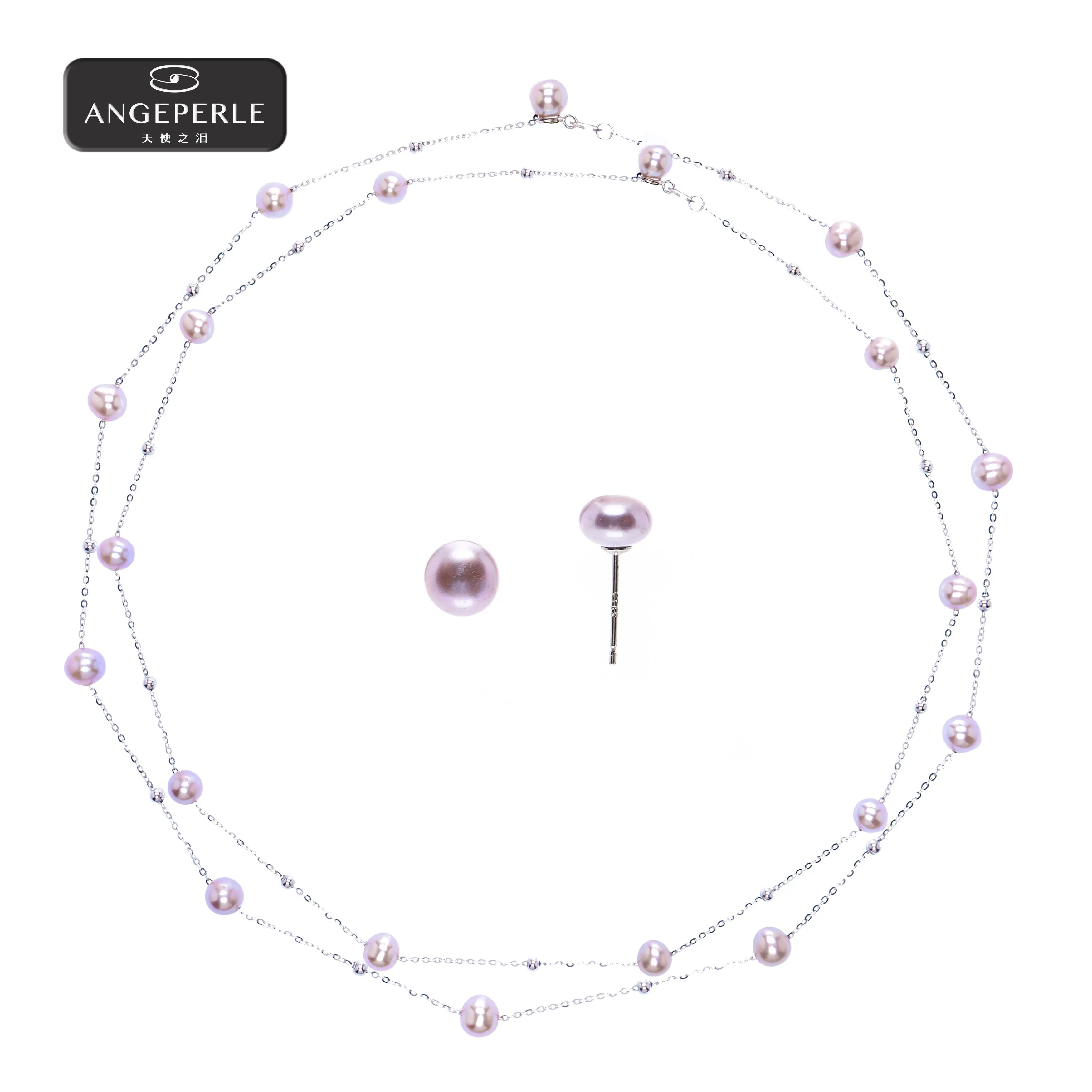ANGEPERLE S925 Silver Freshwater Pearl 'Starry Sky' Necklace and Earrings Three-Piece Set 5-6/6-7mm TSJ712