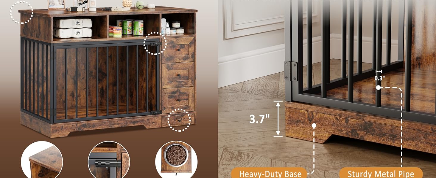 48'' dog crate furniture, heavy duty medium dog crate with bowl & storage drawers, crates for dogs indoor end table for small medium, retro brown