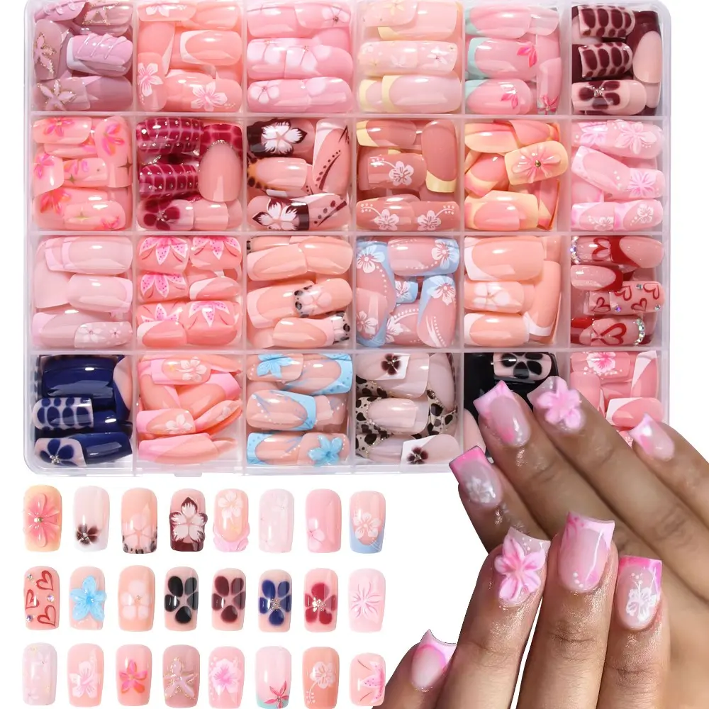 576pcs Short Square French Press-On Decorative Nails, 3D Gel Flower Peony Nail Art with Polka-Dot and Leopard Patterns, Acrylic False Nail Set