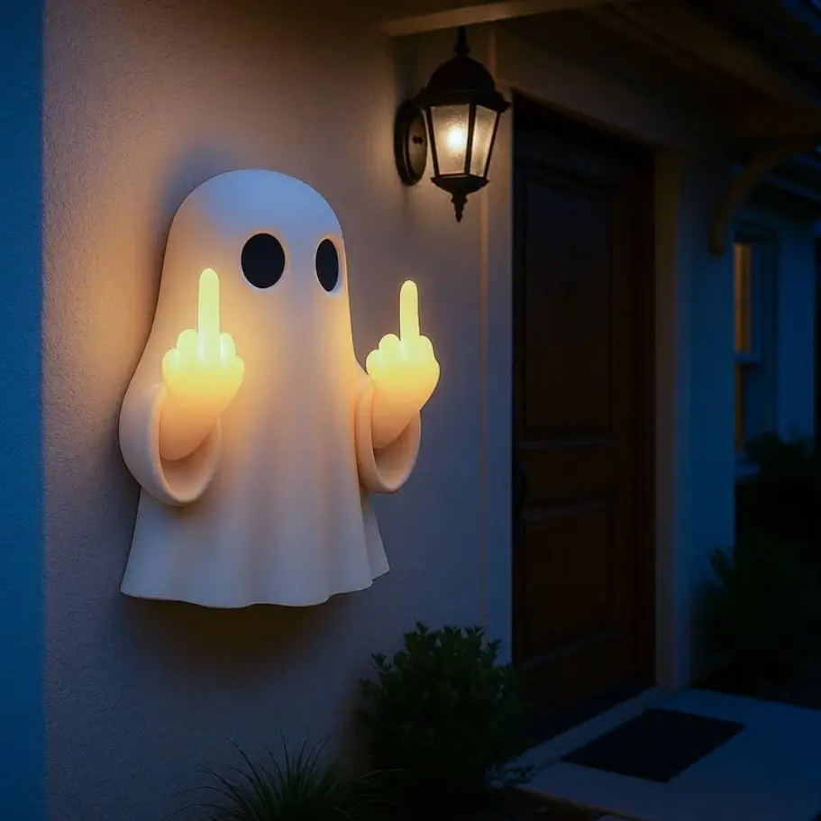 Funny Halloween Ghost Night Light, Cheeky Gesture Hanging Decoration for Covered Porch, Bedroom, Balcony and Party Atmosphere Decor