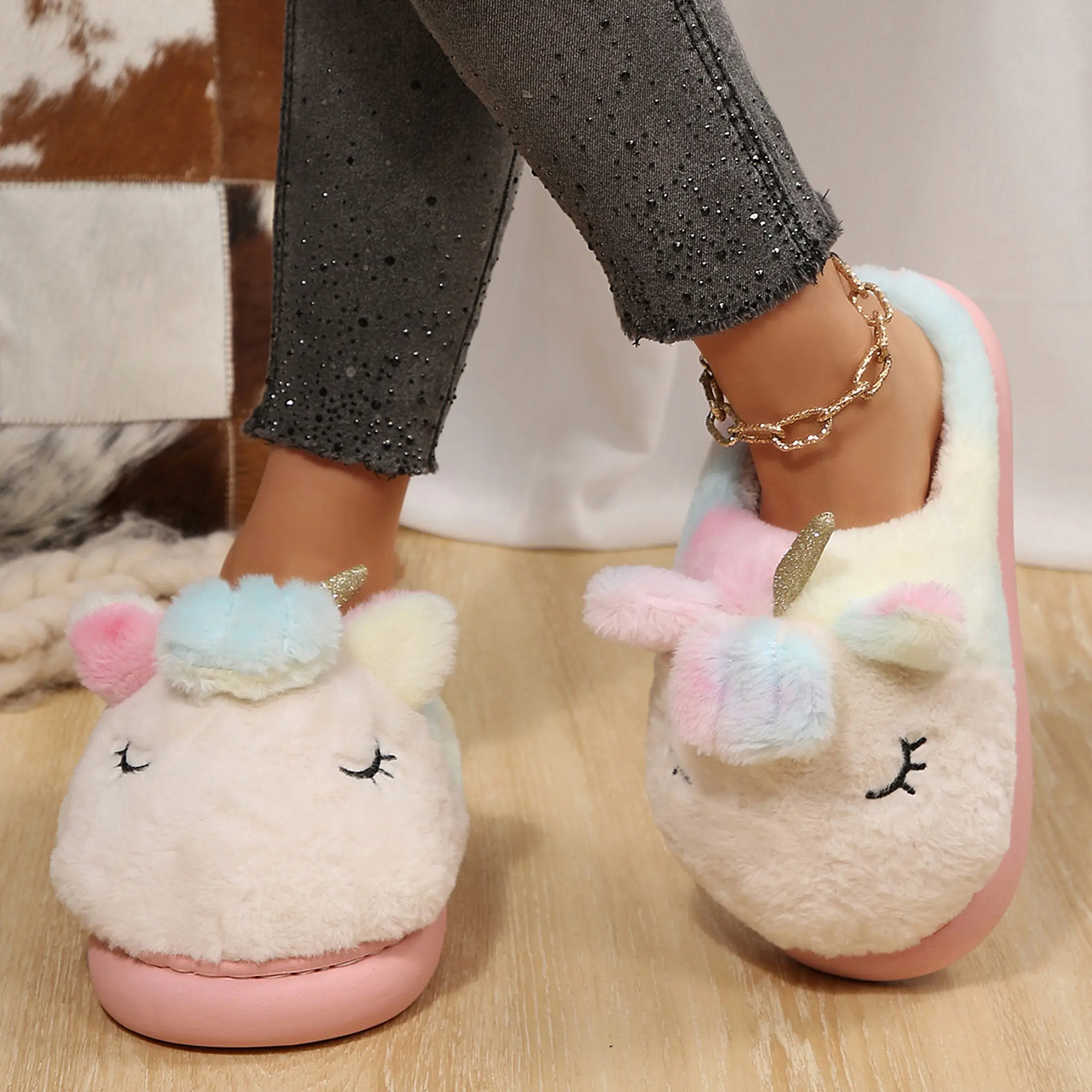 Women's Unicorn Slippers Cute Funny Animal House Shoes Fluffy Bedroom Indoor Slipper