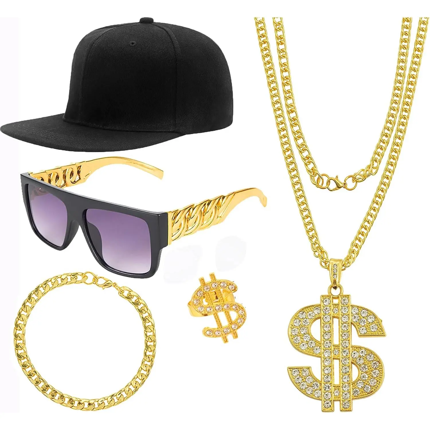 Hop  Set - Rapper Costume with Dollar Sign Necklace Ring, 80s 90s Outfit for Men Women, Halloween Costume Accessories