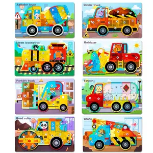 Number Wooden Puzzles Toys for Kids, Toddler Number Puzzle, 3D Car Puzzles and Engineering Vehicleal Jigsaw Toys for Boy Girl Ideal Gift, 3-6 Years