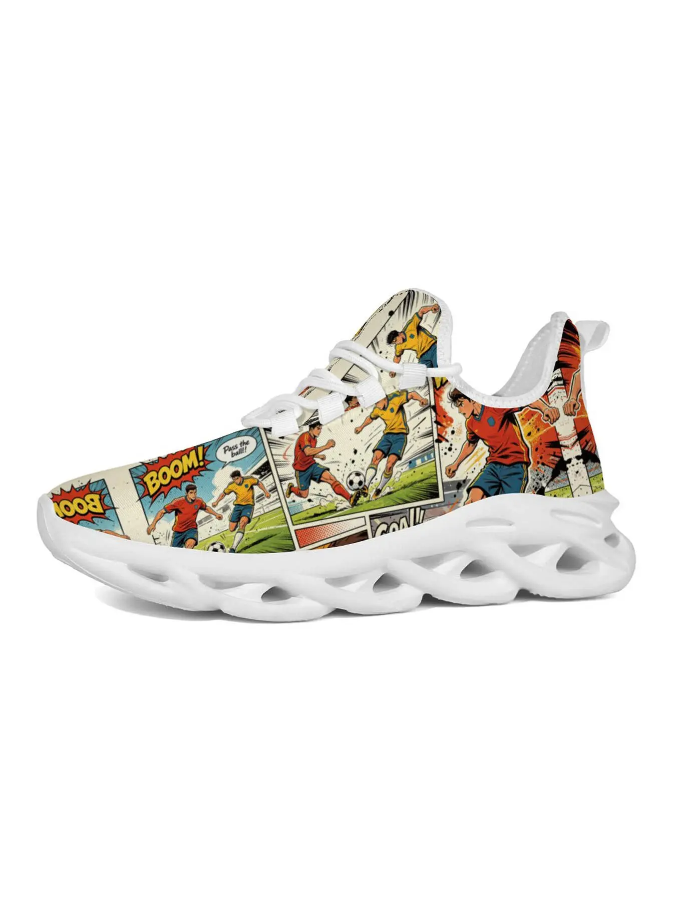 Football Cartoon Style Running Shoes, American Comic Anime Print, Hollow Out Sole, Classic Versatile, Weekend Training