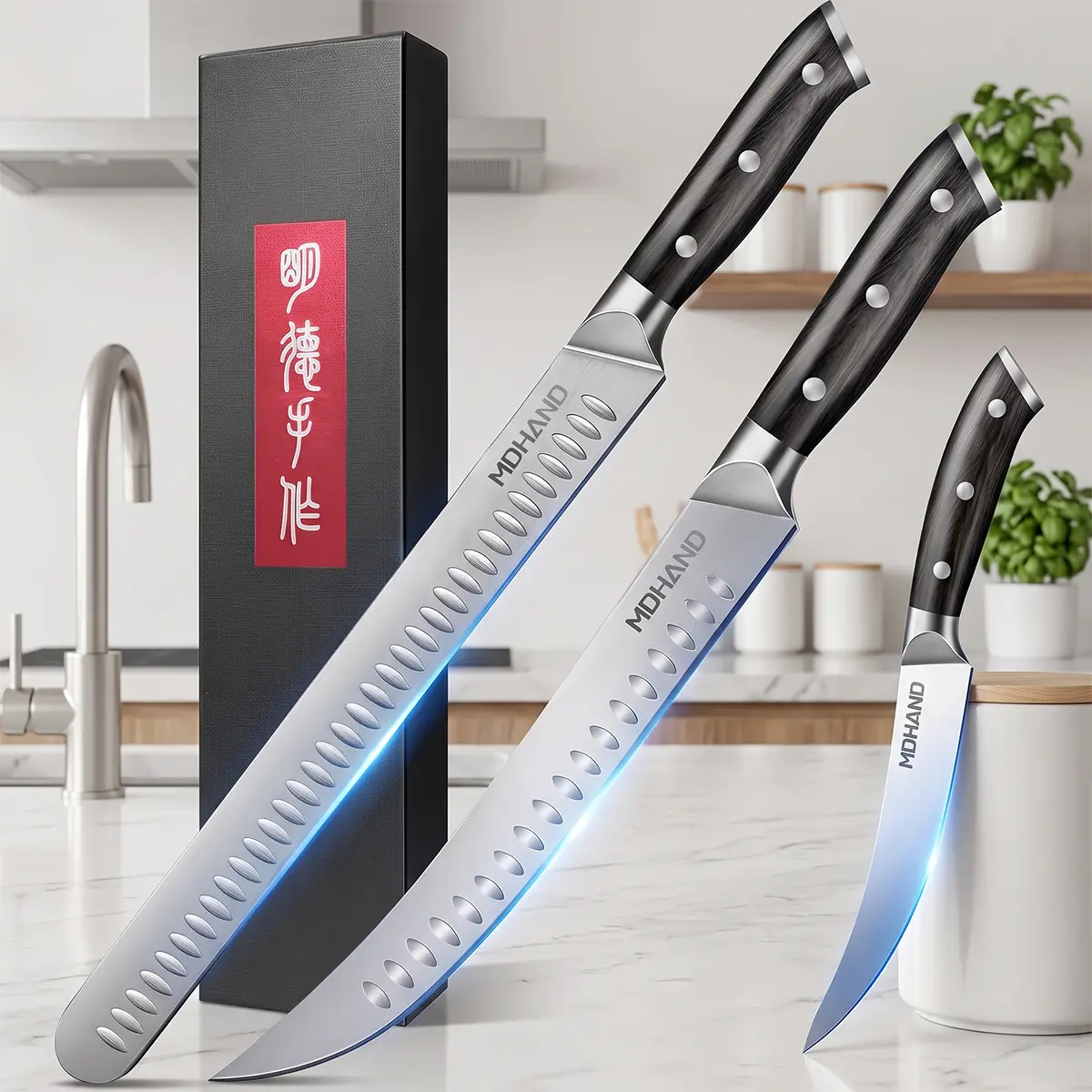 MDHAND 3PCS Meat Cutting Knife Set, High Carbon Steel Butcher Knife Set with Pakkawood Handle, Carving, Breaking, Boning & Slicing Knives for BBQ, Gifts for Men