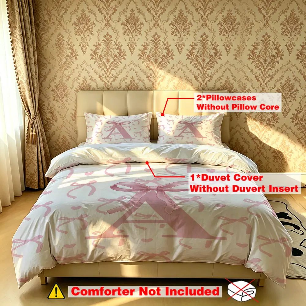 The 3-piece pink bow letter A bedding set includes one bedspread and two pillowcases, without filling. It's soft and comfortable, suitable for single beds and double beds, and ideal for use in bedrooms, dormitories, and hotels.
