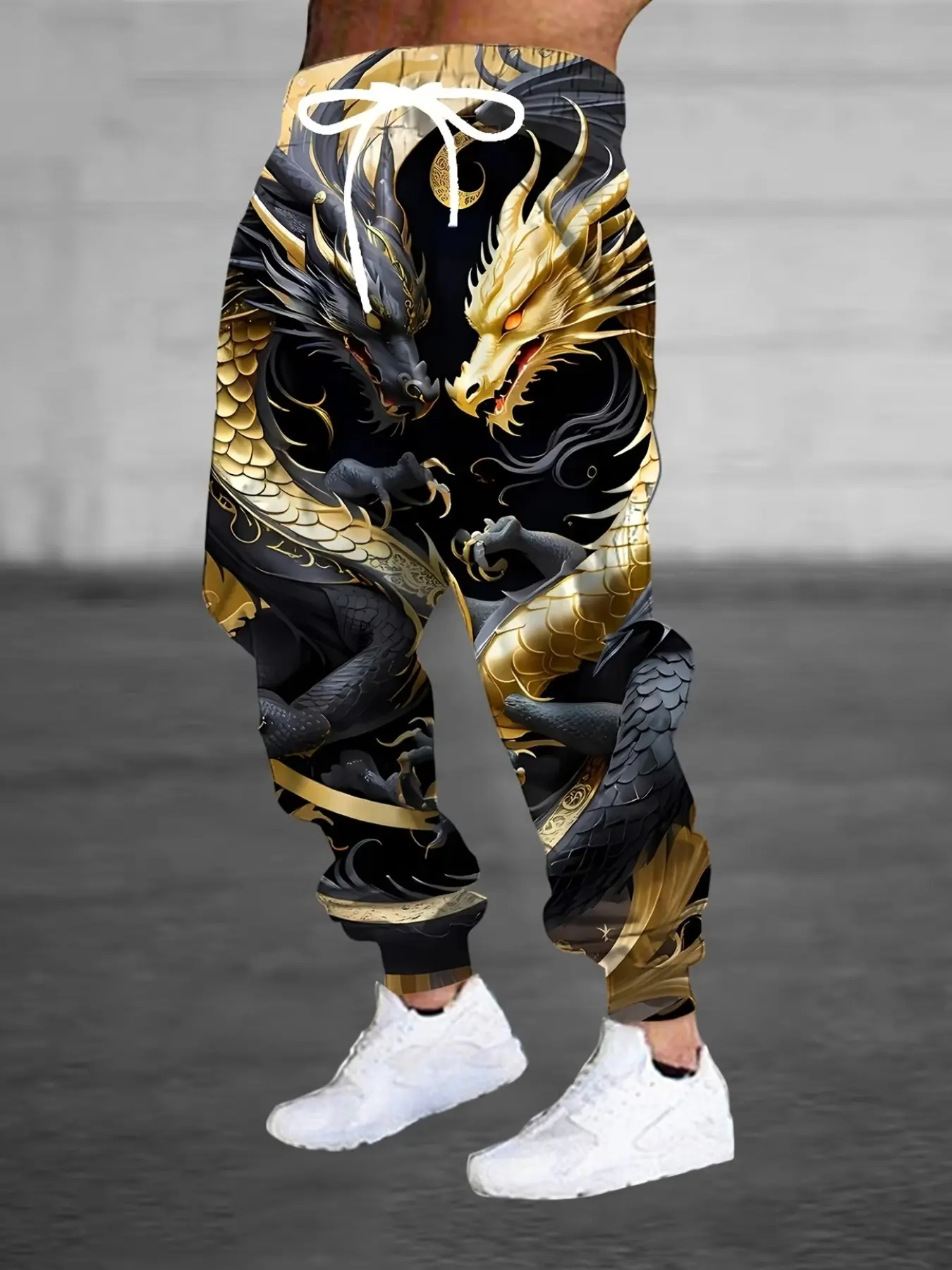 Men's Gold Yin Yang Dragon Full Print Sweatpants, Eastern Mythology Dragon Pattern, Drawstring Streetwear Casual Pants
