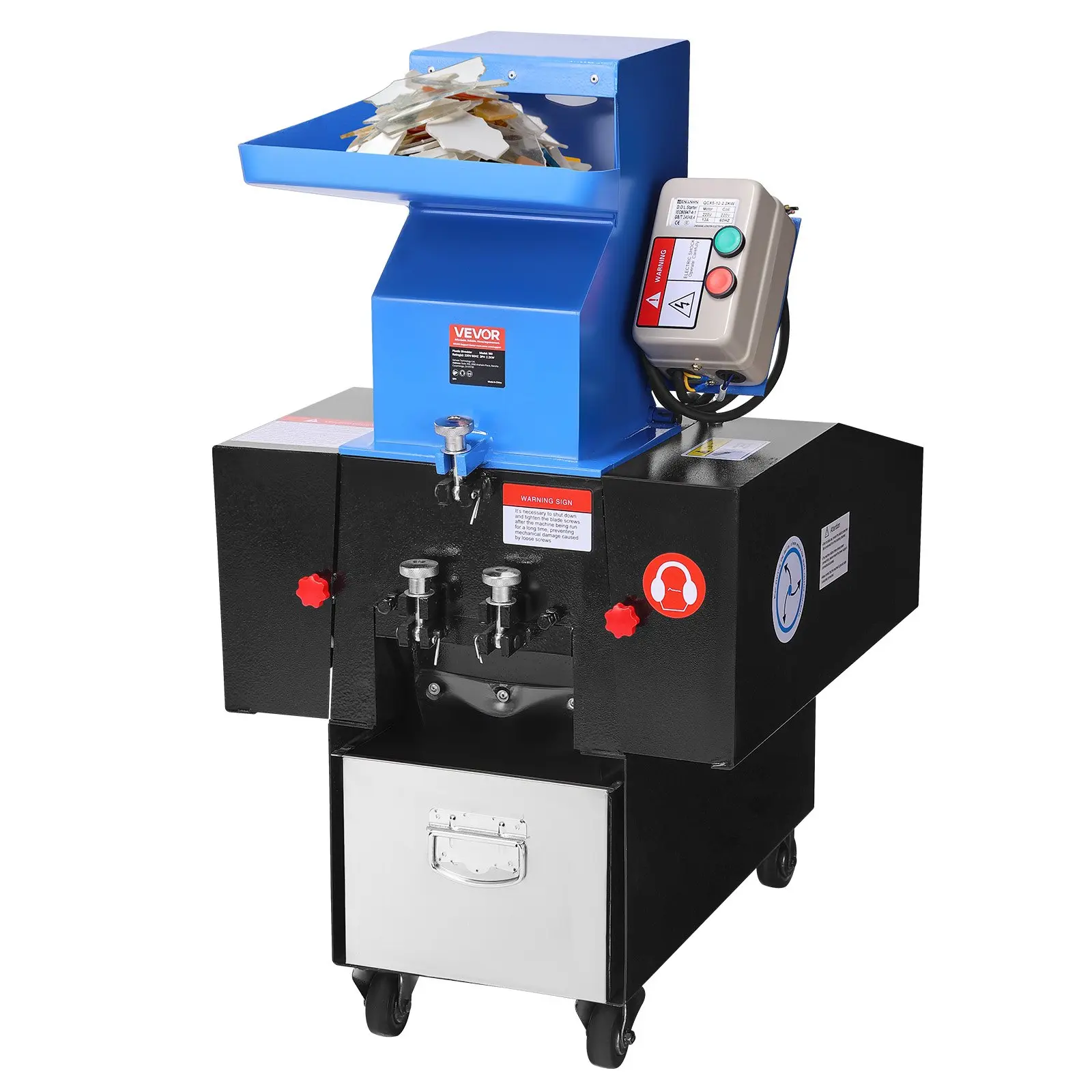 VEVOR 3HP/2.2KW Plastic Shredder Granulator Crusher, 100-150kg/h Capacity Pulverizer Recycling Machine with Wheels, SDK-11 Blade, 6mm Mesh for PVC ABS PTFE (220V 60Hz 3-Phase)