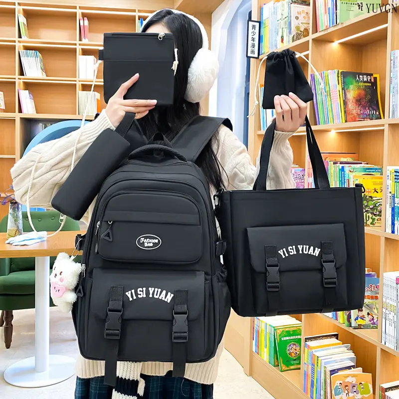 Letter Embroidery 4-Piece School Backpack Set - School Backpacks with Adjustable Straps, Zipper Closure, Multi Pockets, Tote Bag, Pouch, Pen Case, Lightweight Casual Daypack for Teens’ Daily Study, Travel