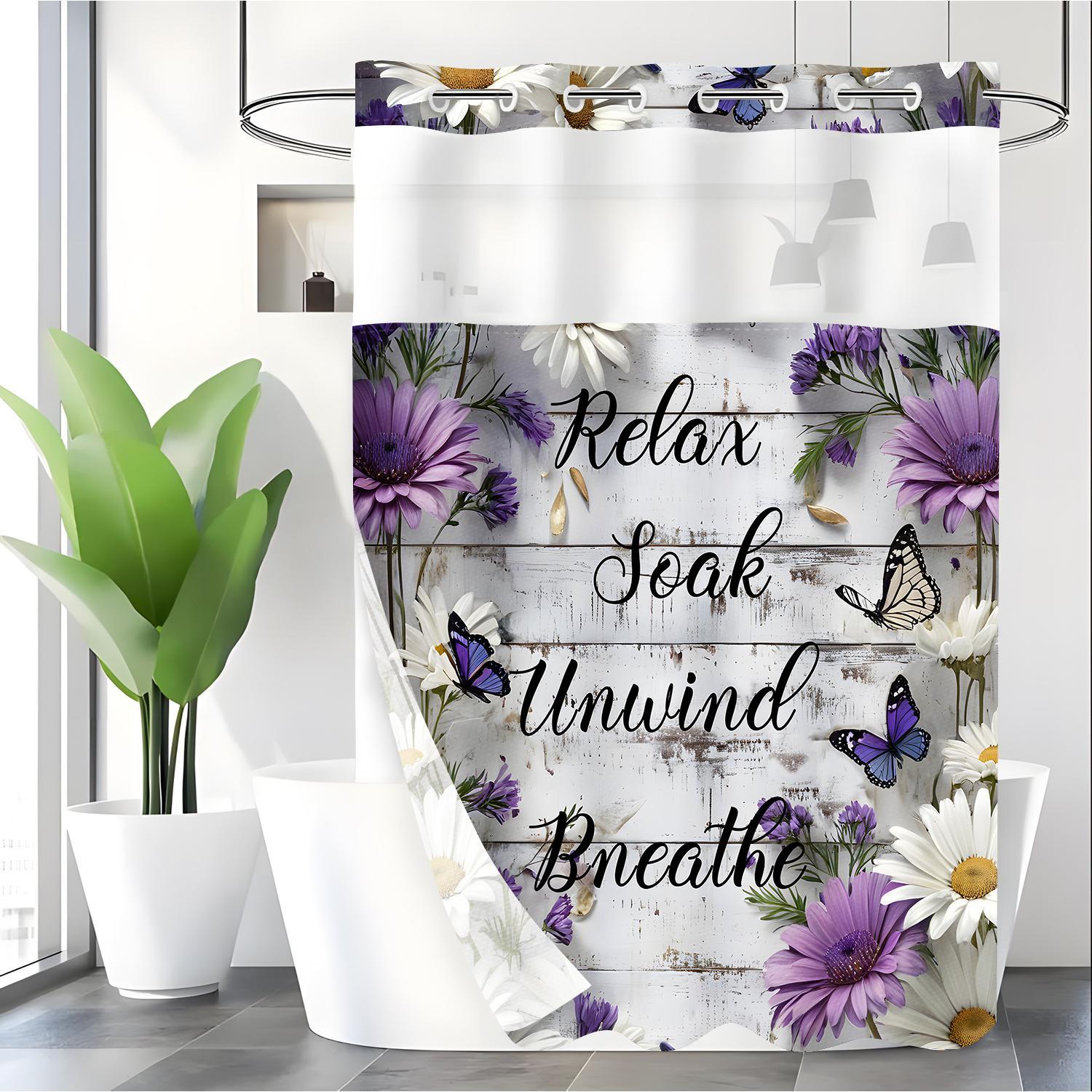 Floral Butterfly Letter Pattern Shower Curtain, 1 Count Waterproof Shower Curtain with Hooks, Bathroom Decor Supplies for Home Hotel Salon Dormitory