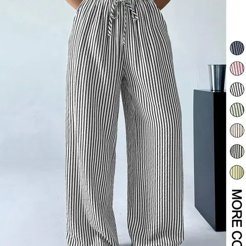 Women's Striped Print Drawstring Adjustable Waist Pants, Casual Comfy Wide Leg Trousers for Daily Wear, Ladies Bottoms for All Seasons