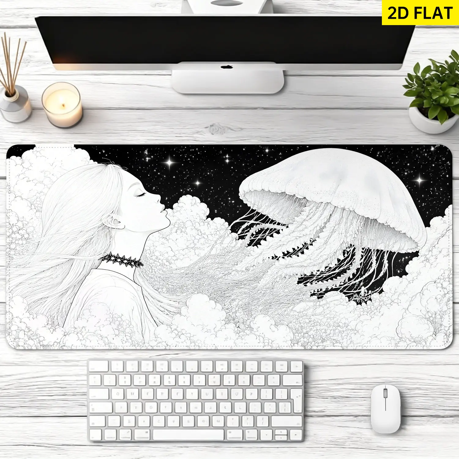 Extra Large Surreal Jellyfish & Girl in Clouds Novelty Print Mouse Pad, Anti-Slip Rubber Base, Multi-Size, Desk Protection, Lock Edge, Washable Premium Multipurpose Pad for Office Gaming Setup, Anti-Slip Pad