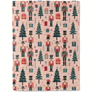 Vintage Nutcracker Pink Throw Blanket - Ultra-Soft Lightweight Flannel, Knitted Christmas Tree & Winter Night Pattern, All-Season Multipurpose Blanket for Sofa, Bedroom, Holiday Decor, Ideal Christmas Gift