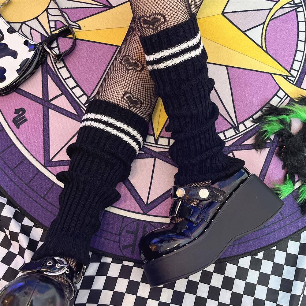 KOSAHIKI Lolita Socks Goth Striped Knit  Girl Leg Warmers Women Japanese  Harajuku Winter Boot Cuffs Legs Cover