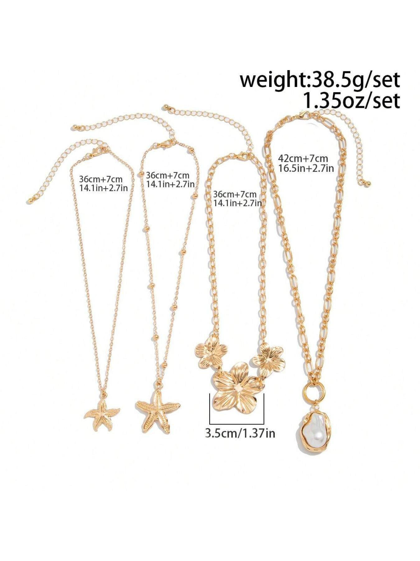 4 Piece Set Women's Vintage Creative Elegant Fashion Metal Flower Baroque Imitation Pearl Necklace, Ocean Style Starfish Pendant Layered Necklace Set Modern Versatile Accessories