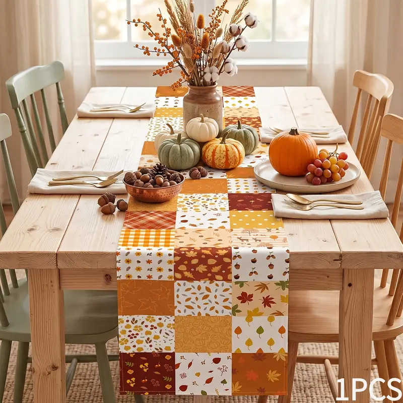 One piece, patchwork checkered maple leaf pumpkin autumn tablecloth, for rural autumn Thanksgiving farmhouse decoration, for dining room, home kitchen, and island table decoration.