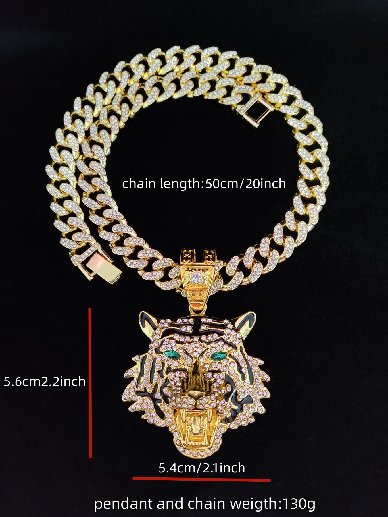 Hip Hop Luxury Rhinestone Tiger Shaped Pendant Necklace for Men & Women, Summer Chunky Cuban Chain Necklace, Streetwear Necklace, Cuban Link Chain, Gift for Girlfriend