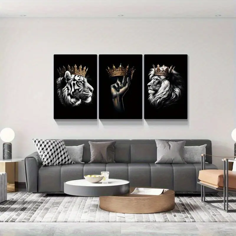 3-Piece Minimalist Framed Wildlife Art Wall Decor Set - Black & White Lion & Tiger Canvas Prints, 1.2in Thick Wooden Frame, UV Protection, Multi-Size, Hanging Wrapped Canvas for Home Inspo Living Room, Bedroom