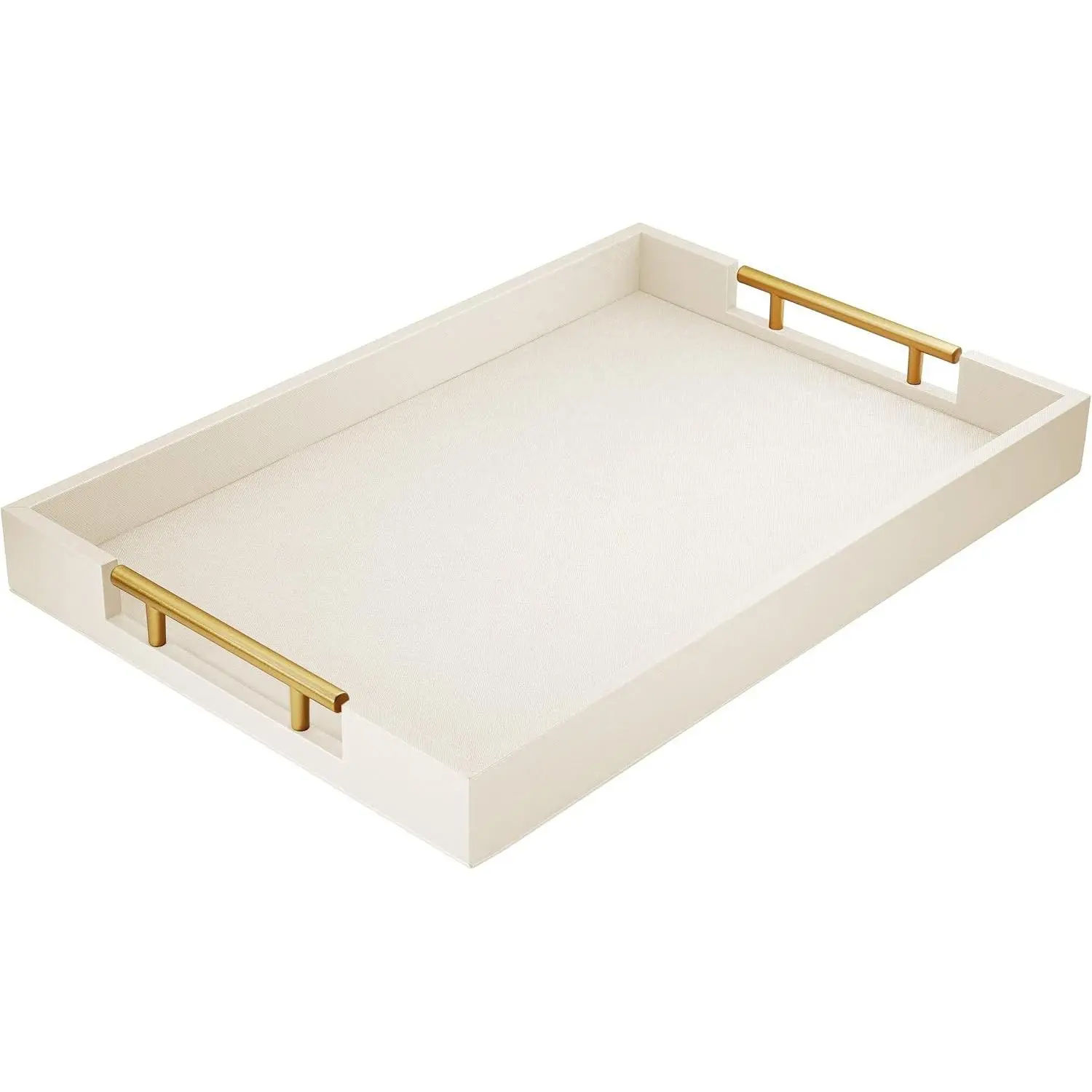 17"x12" Leather Serving Tray, Gold Handle Vanity Platter, White Rectangle Ottoman Decor Tray, Polished Metal Handles, Coffee Table Bathroom Home Decorative Wood Tray