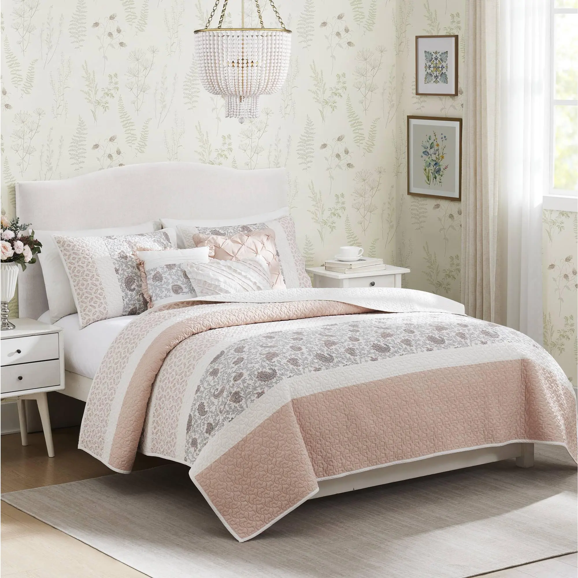 Nokaa 6-Piece Cotton Percale Quilt Set Pack, Blush King/Cal King Bedding for Bedroom Decor, Soft Breathable Lightweight Coverlet & Sham Set with Throw Pillows, All-Season Use