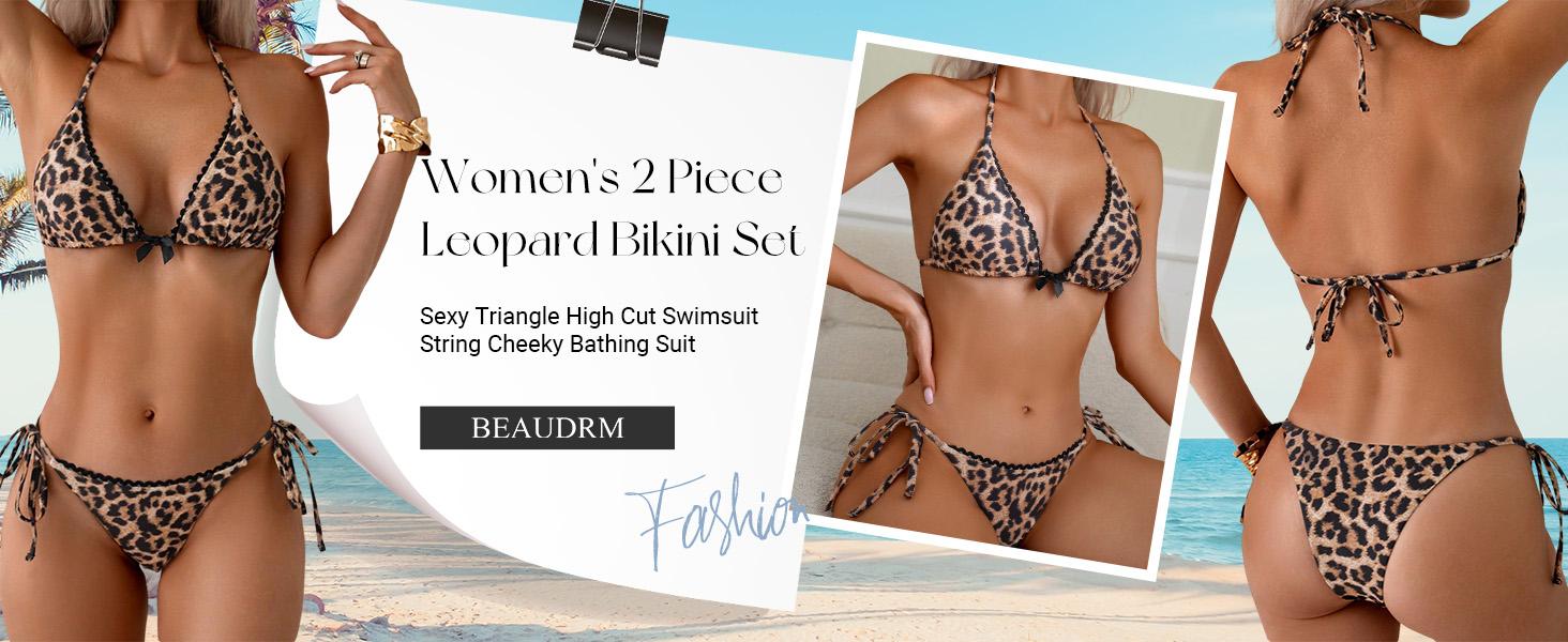 Women's 2 Piece Leopard Bikini Set Cheetah Thong Bikini Sexy Triangle High Cut Swimsuit String Cheeky Bathing Suit