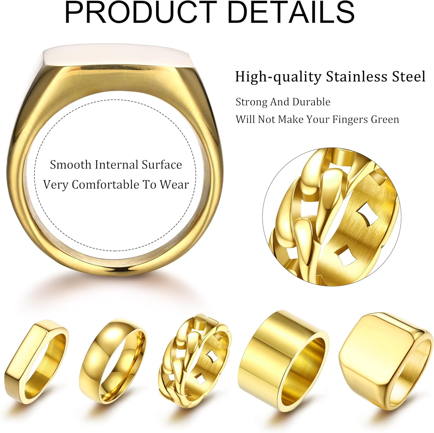 5 PCS 14K Gold Rings for Men Mens Gold Ring Mens Stainless Steel Rings Square Signet Rings Pinky Thumb Ring Chunky Thick Band Cuban Link Chain Ring Cool Finger Ring Wedding Band Ring for Men(Size 7-15)