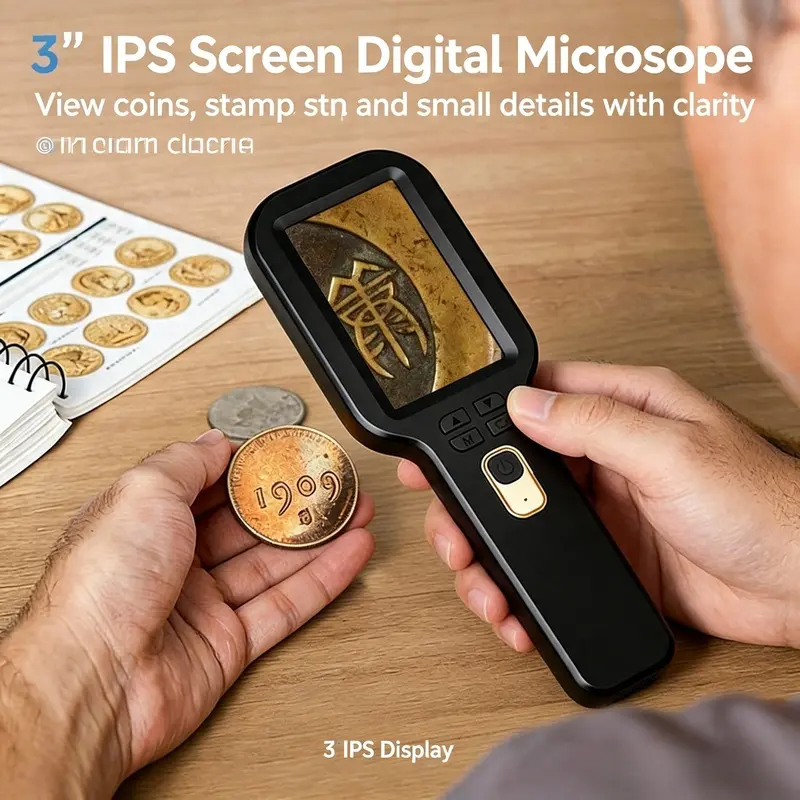 Handheld Digital Microscope, 5-500X Pocket Magnifier with 3" IPS Screen, Dual Lens, 16 Adjustable LED Lights, Rechargeable Portable Microscope for PCB Soldering, Coin Inspection, Kids STEM, Supports 4TB TF Card & PC Connection