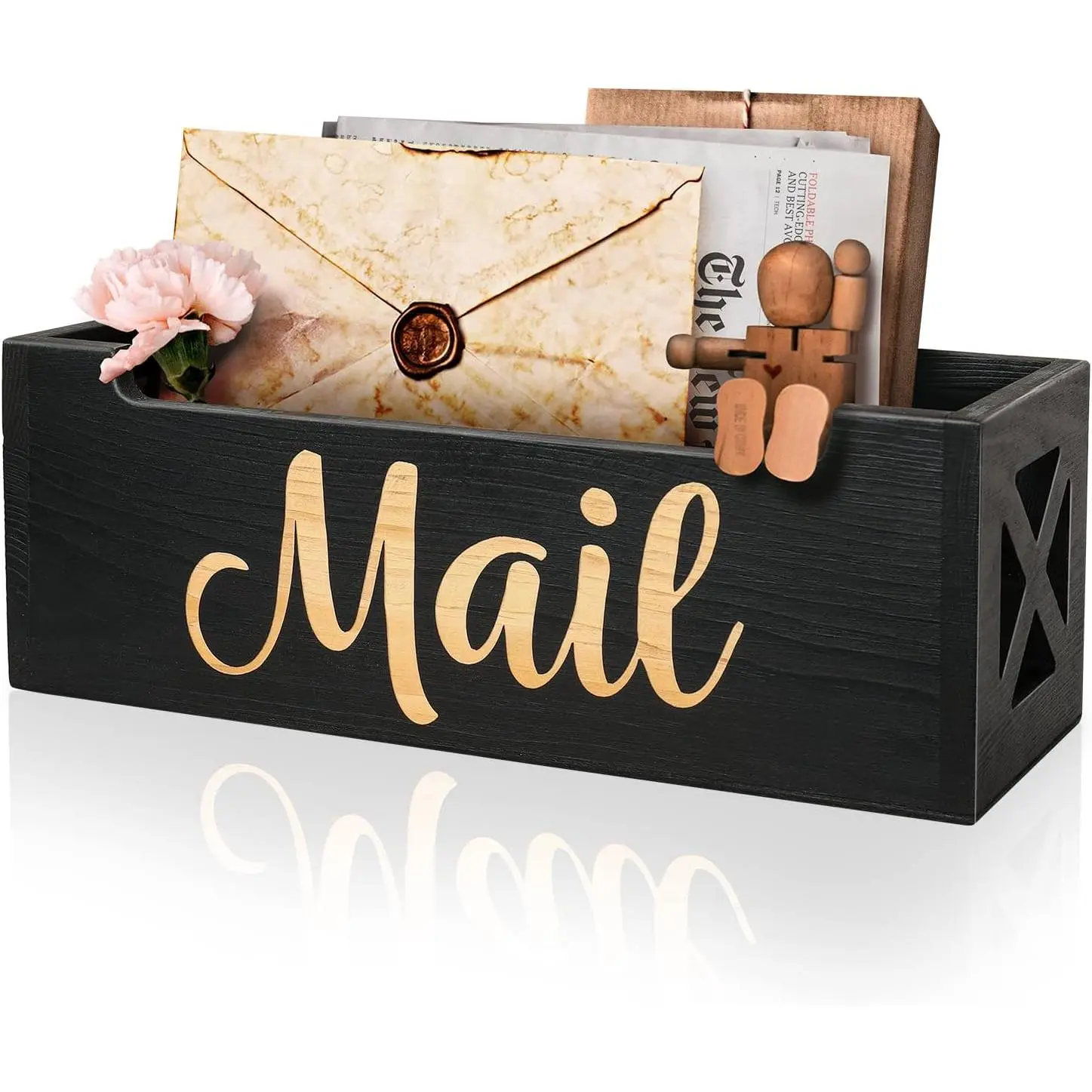Wooden Mail Organizer Countertop |  Black Mail Holder for Wall | Rustic Desk Mail Sorter Basket Letter Holder for  Office Entryway Decor