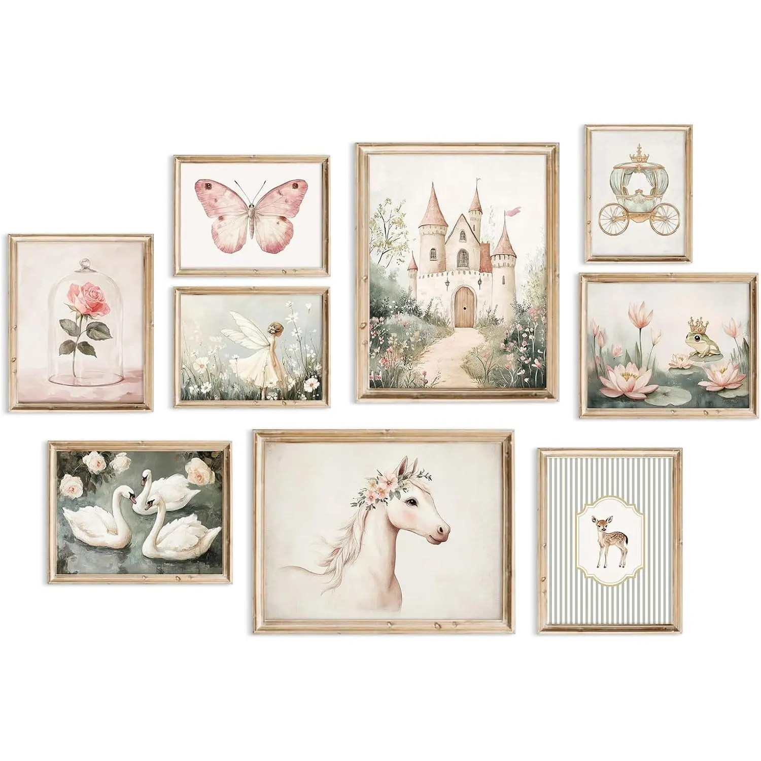 Vintage Fairy Nursery Wall Art Princess Fairytale Poster Baby Girl Room Canvas Wall Decor Fantasy Castle Pictures Floral Swan Paintings Pink Nursery Artwork for Girls Bedroom 8x10x9 Inch Unframed