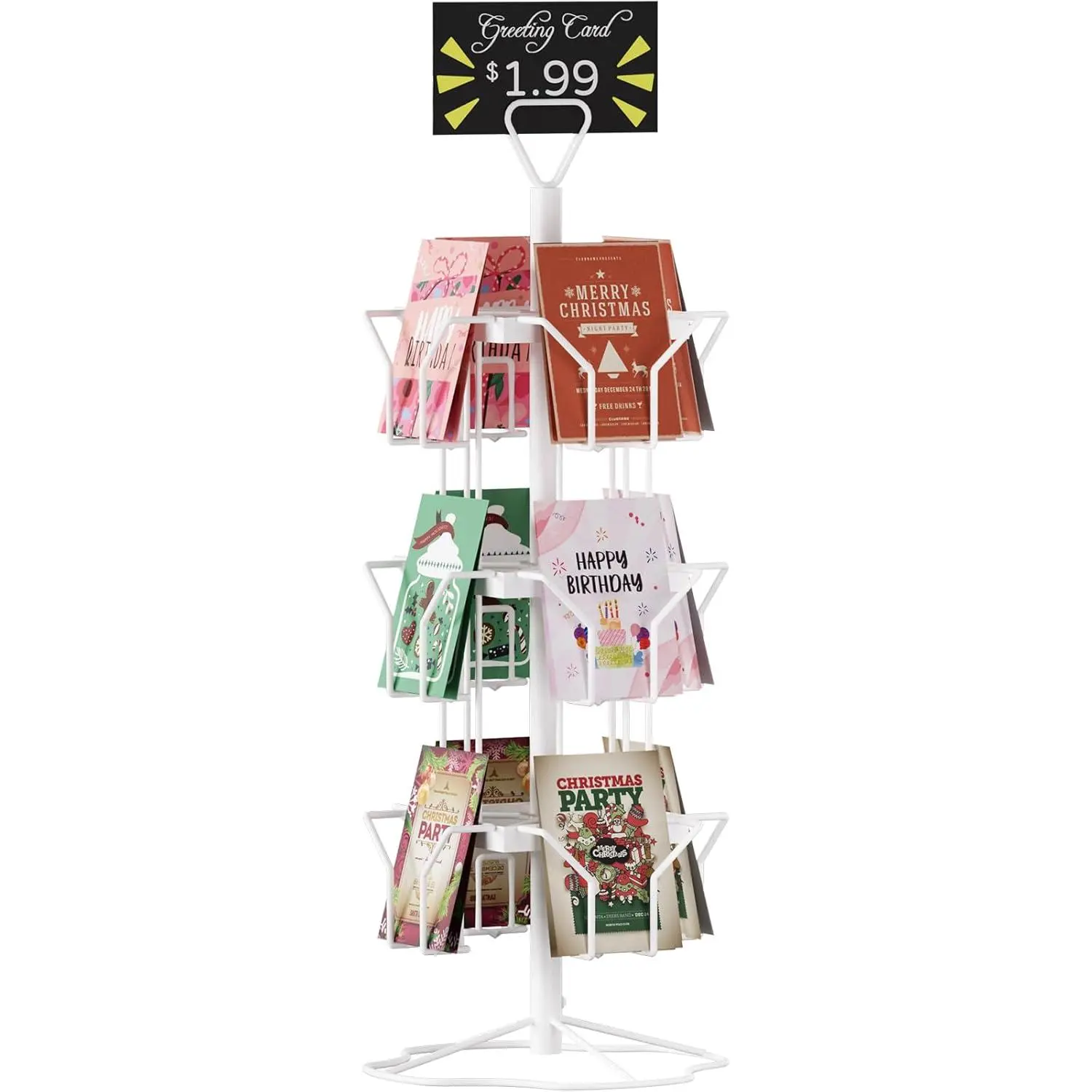 Greeting Card Rack Display Stand, 3 Tier Rotating Card Holder Display Retail, 12 Pocket Metal Postcard Holder Display Stand, Greeting Card Holder for Postcards, Brochures, Stickers, (White)