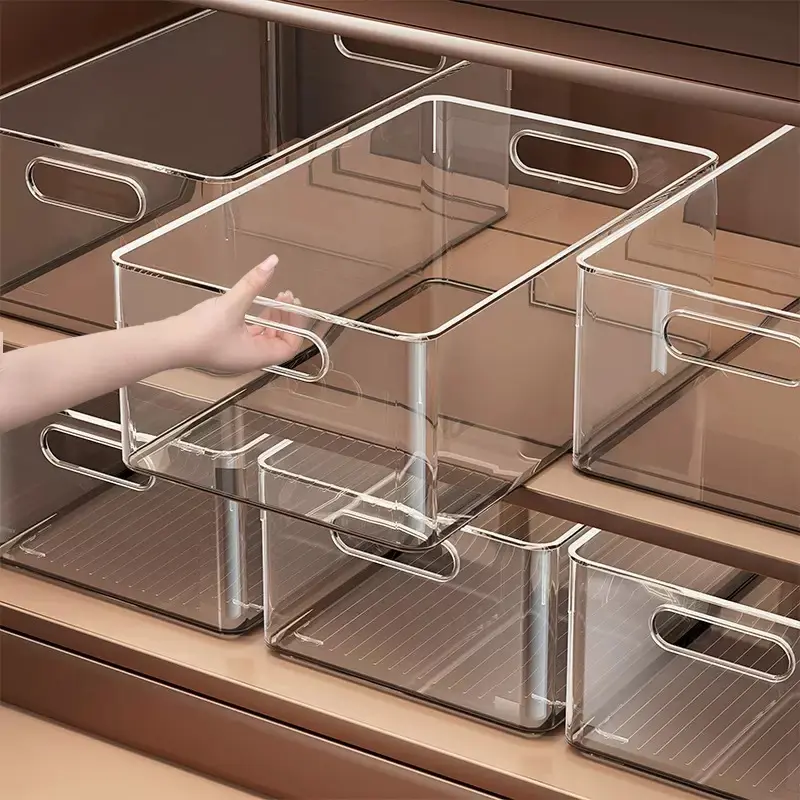 Cabinet storage basket, desktop snack and miscellaneous item organizer, plastic rectangular transparent acrylic storage box