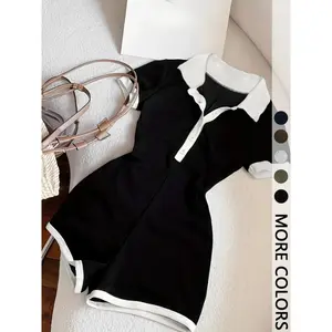 Women's Casual Polo Neck Jumpsuit with Contrast Trim, Short Sleeve Knitted Romper for Summer Style, Comfortable and Trendy